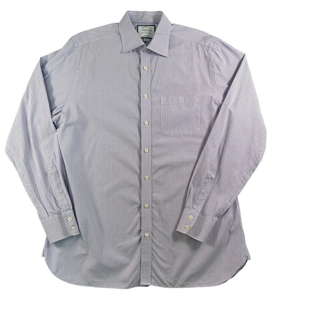 Charles Tyrwhitt 17/37 Blue Purple White Stripe Button Down Slim Fit Egyptian